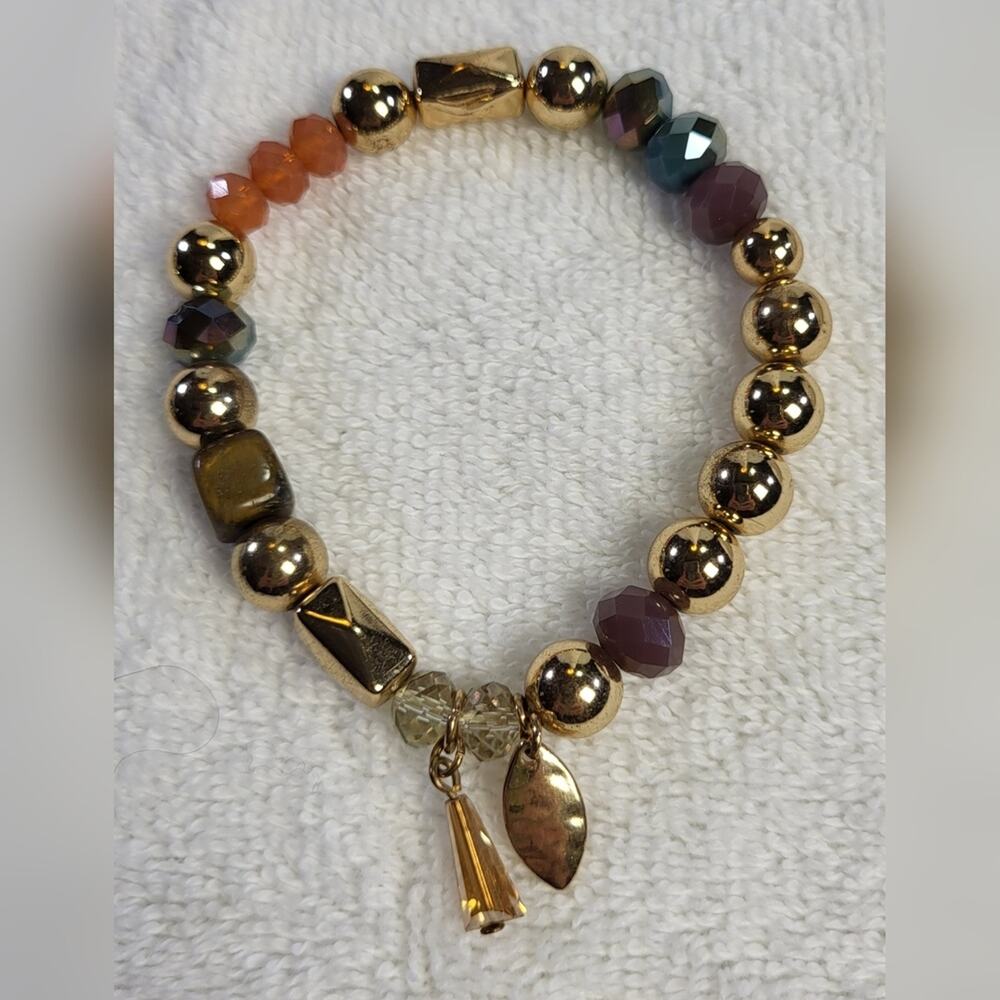 Multi-Colored Gold Tone Beaded Bracelet Set of 3 – Boho Charm Stack - Picture 7 of 8